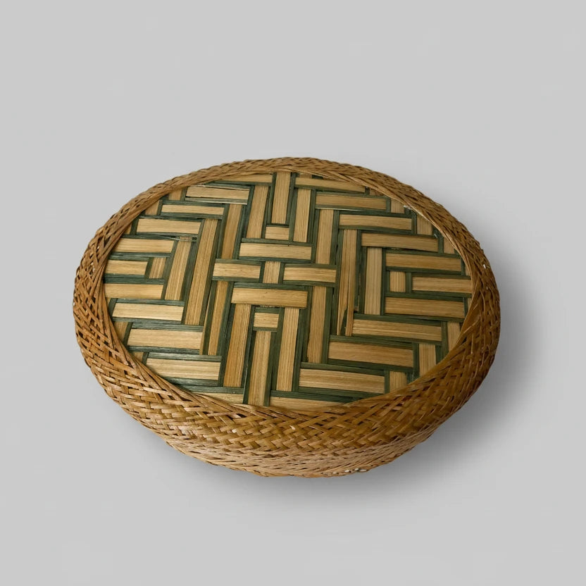 Handwoven Rattan & Bamboo Basket With Parquet Base and Green Accent