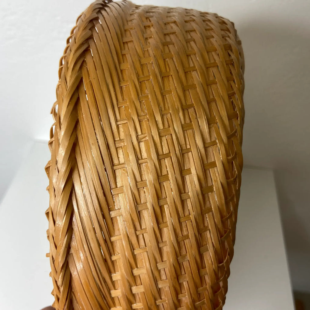 Handwoven Rattan & Bamboo Basket With Parquet Base and Green Accent
