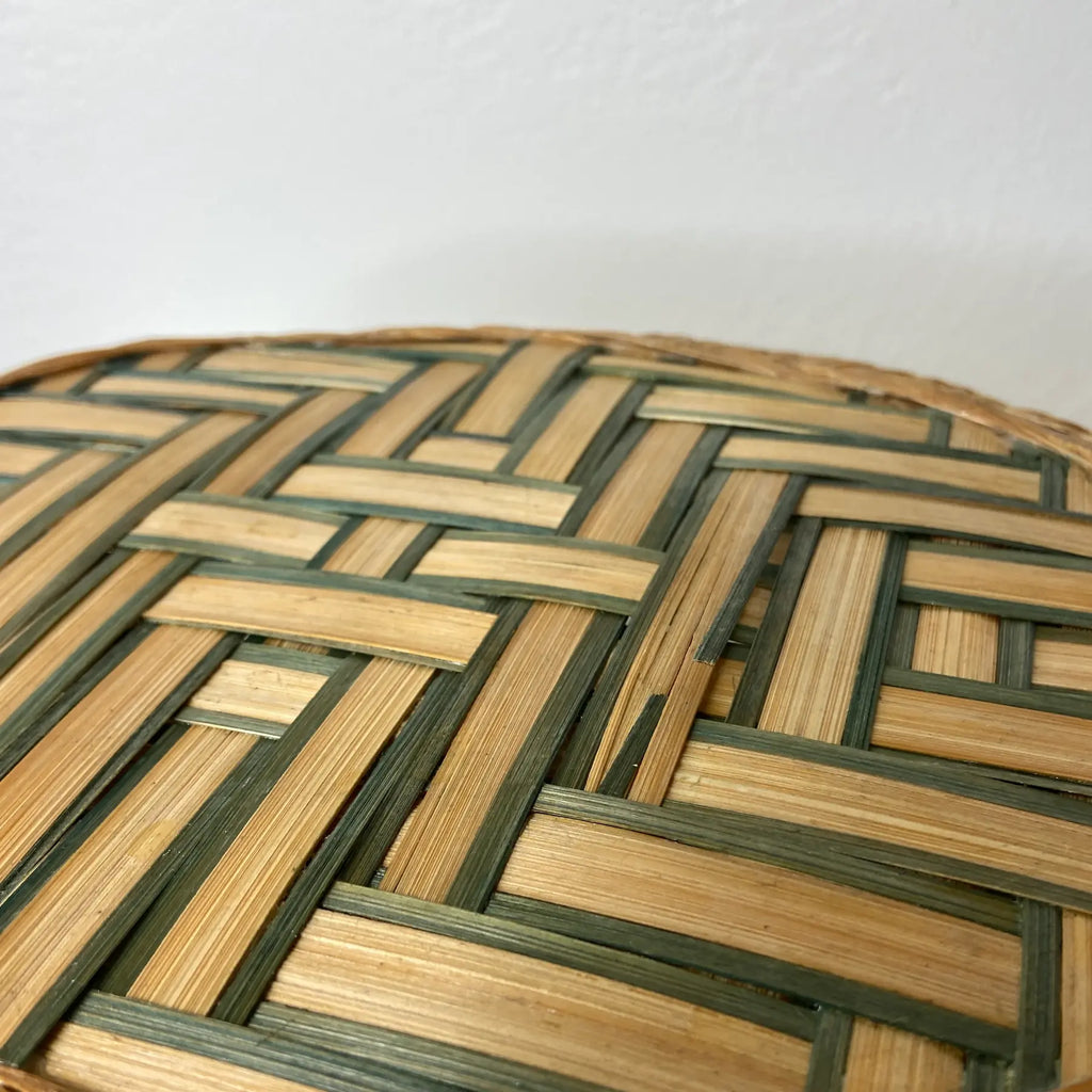 Handwoven Rattan & Bamboo Basket With Parquet Base and Green Accent