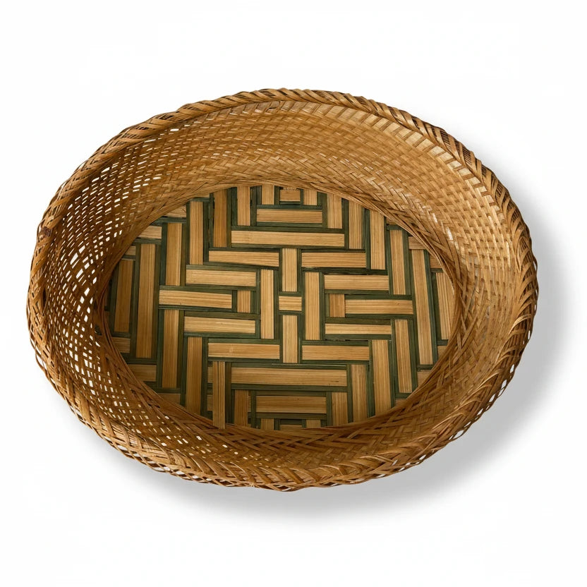 Handwoven Rattan & Bamboo Basket With Parquet Base and Green Accent