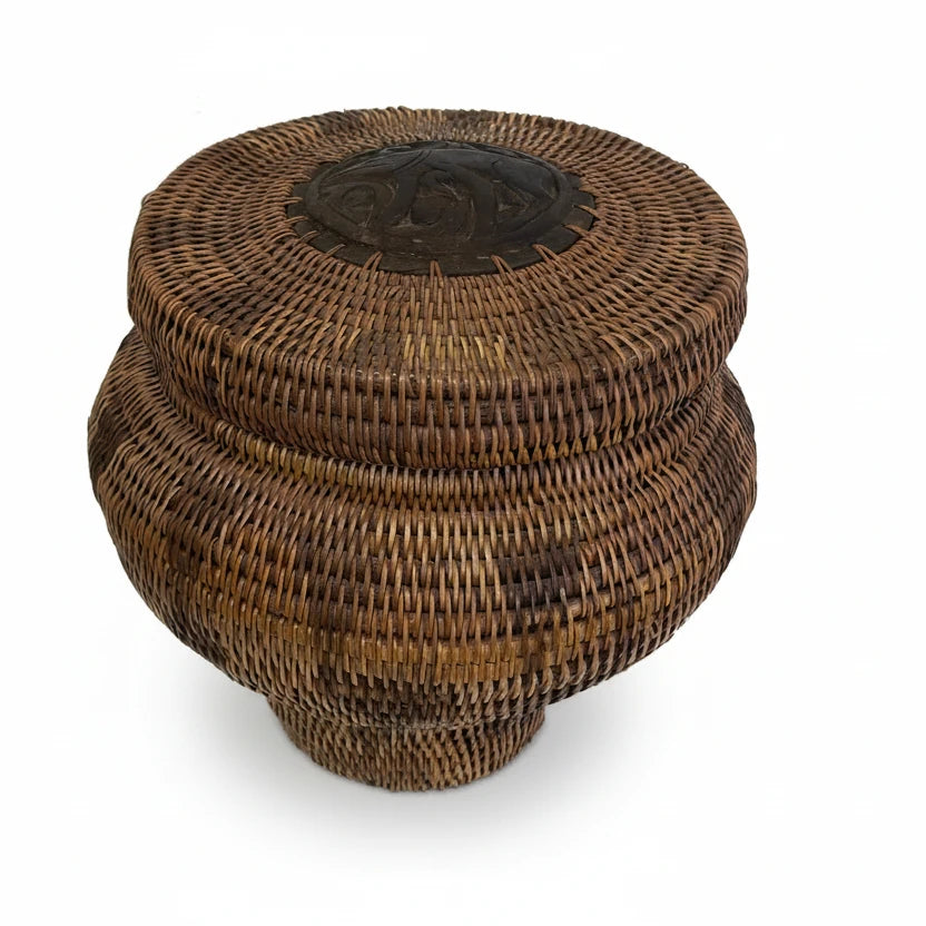 Indonesian Coiled Rattan Basket With Carved Wood Lid