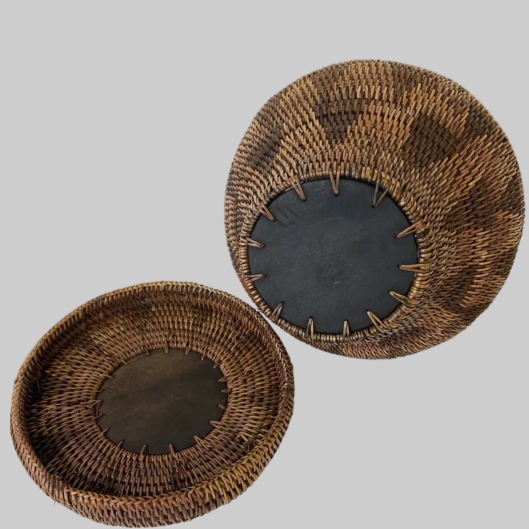 Indonesian Coiled Rattan Basket With Carved Wood Lid