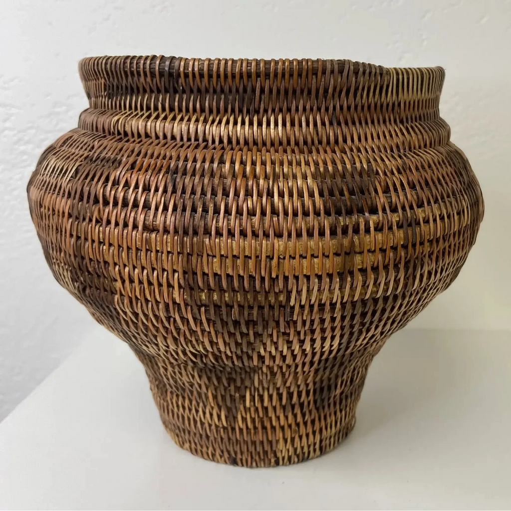 Indonesian Coiled Rattan Basket With Carved Wood Lid