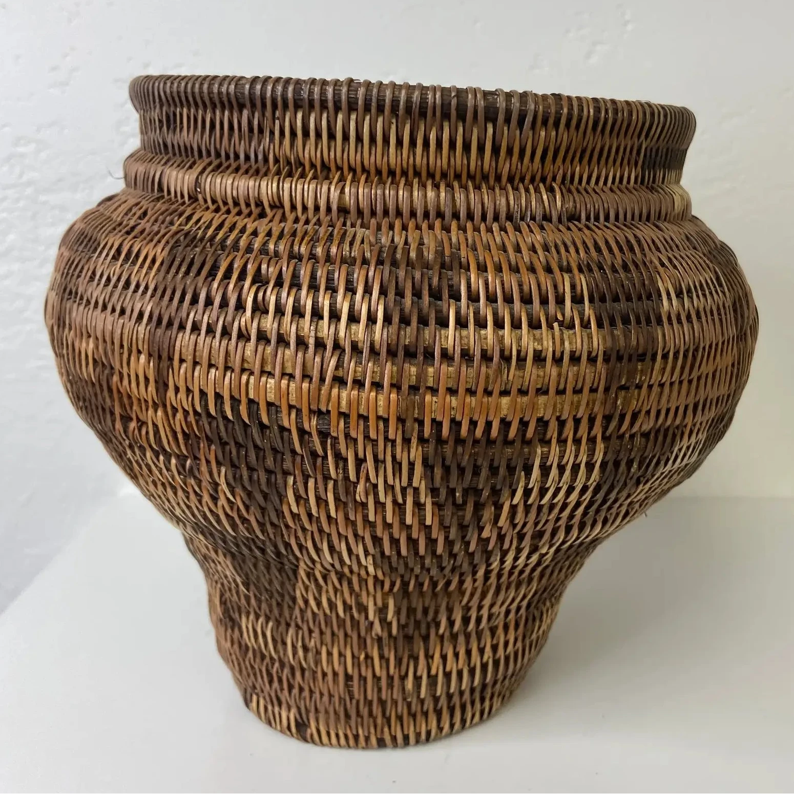 Indonesian Coiled Rattan Basket With Carved Wood Lid