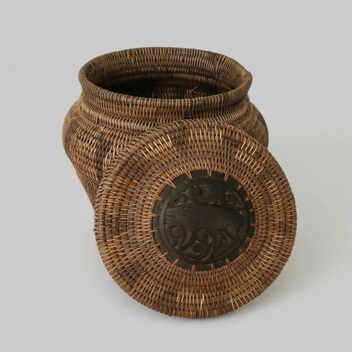 Indonesian Coiled Rattan Basket With Carved Wood Lid