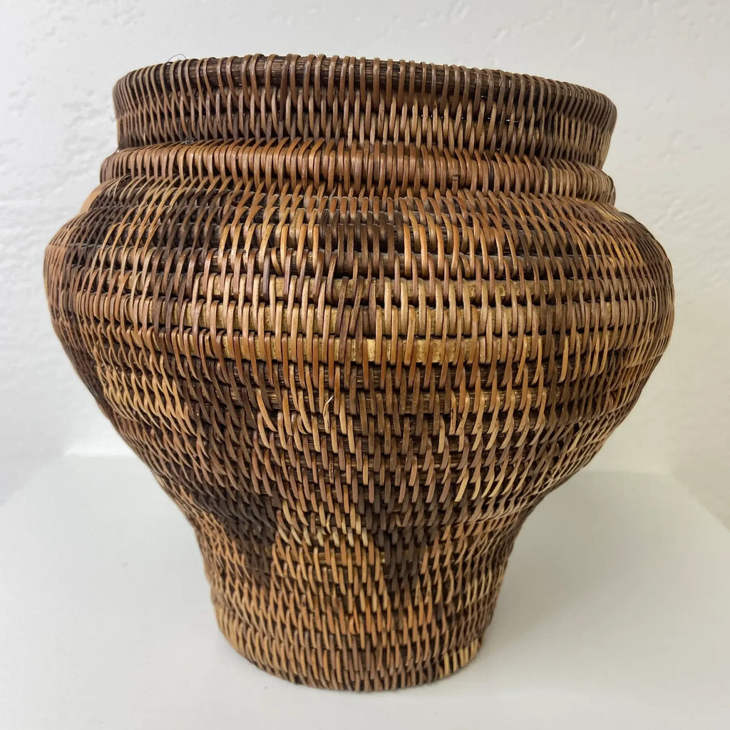 Indonesian Coiled Rattan Basket With Carved Wood Lid