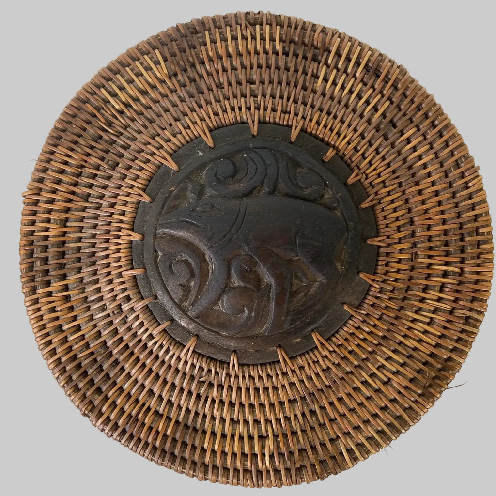 Indonesian Coiled Rattan Basket With Carved Wood Lid