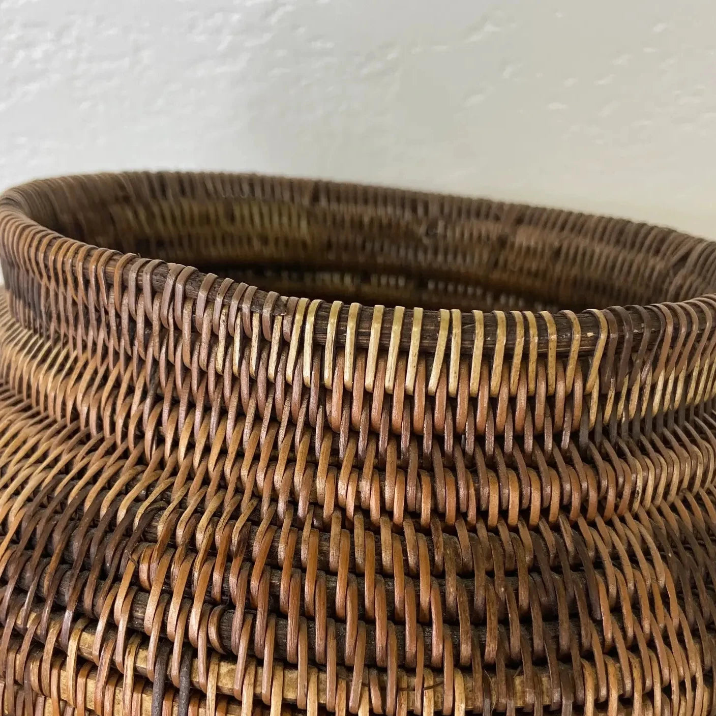 Indonesian Coiled Rattan Basket With Carved Wood Lid