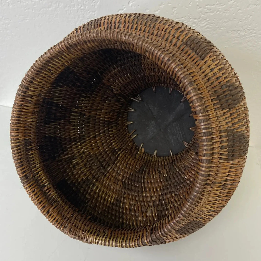 Indonesian Coiled Rattan Basket With Carved Wood Lid