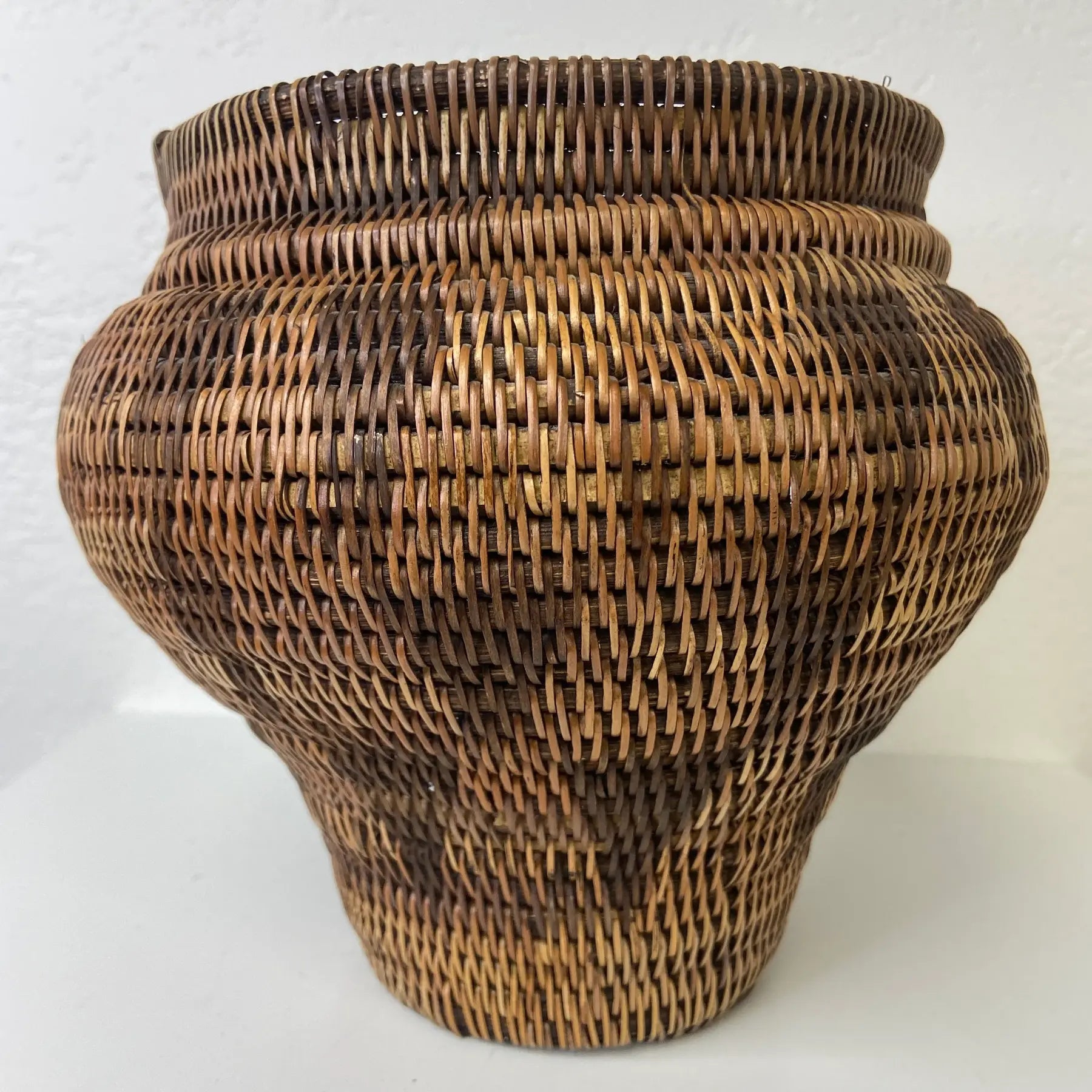 Indonesian Coiled Rattan Basket With Carved Wood Lid