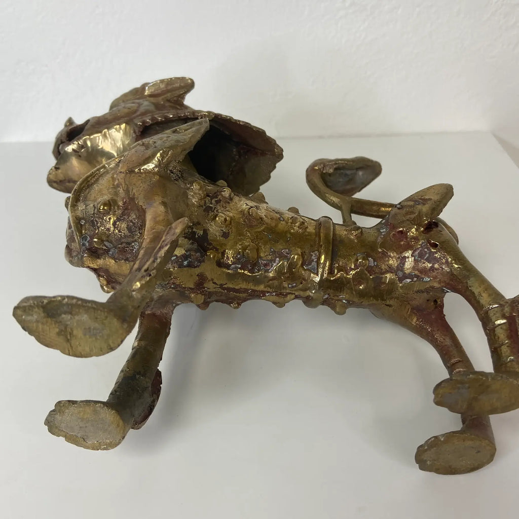 Tibetan Brass or Bronze Guardian Lion Foo Dog Sculpture