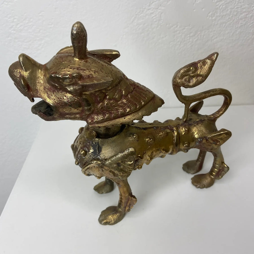 Tibetan Brass or Bronze Guardian Lion Foo Dog Sculpture