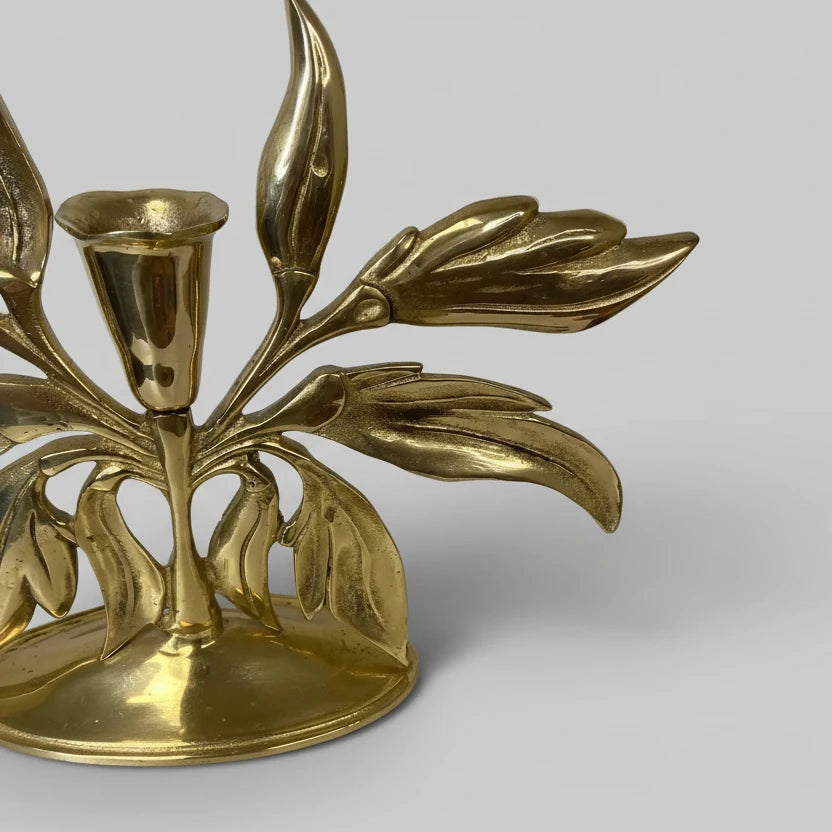 Solid Brass Symmetrical Leaf Candlestick Holder Centerpiece